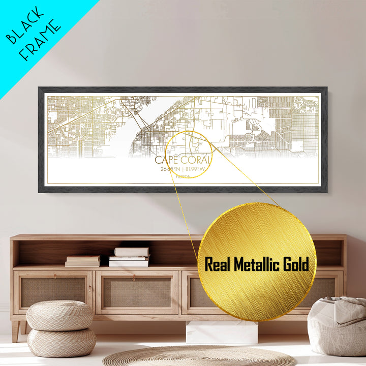 Cape Coral Florida City street map, Panoramic art, black and gold, Metallic Gold Print, Metal Art, real wood frames, Housewarming Gift