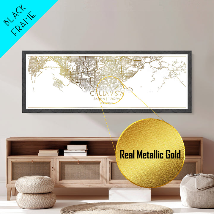 Chula Vista California City street map, Panoramic art, black and gold, Metallic Gold Print, Metal Art, real wood frames, Wall Art, Closing Gift