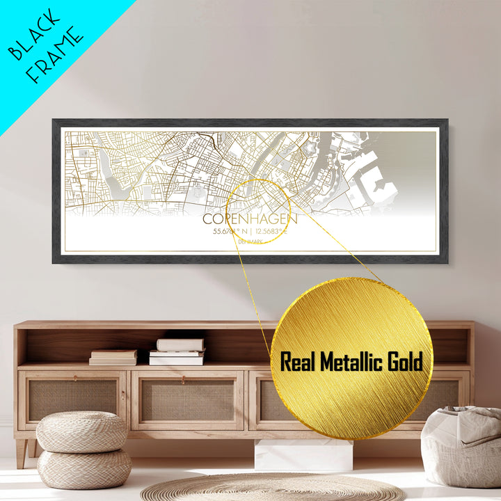 Copenhagen Denmark Poster, Panoramic street map, black and gold, Metallic Gold Art, Metal Art, wood framed map, Street Map Art, Map Print