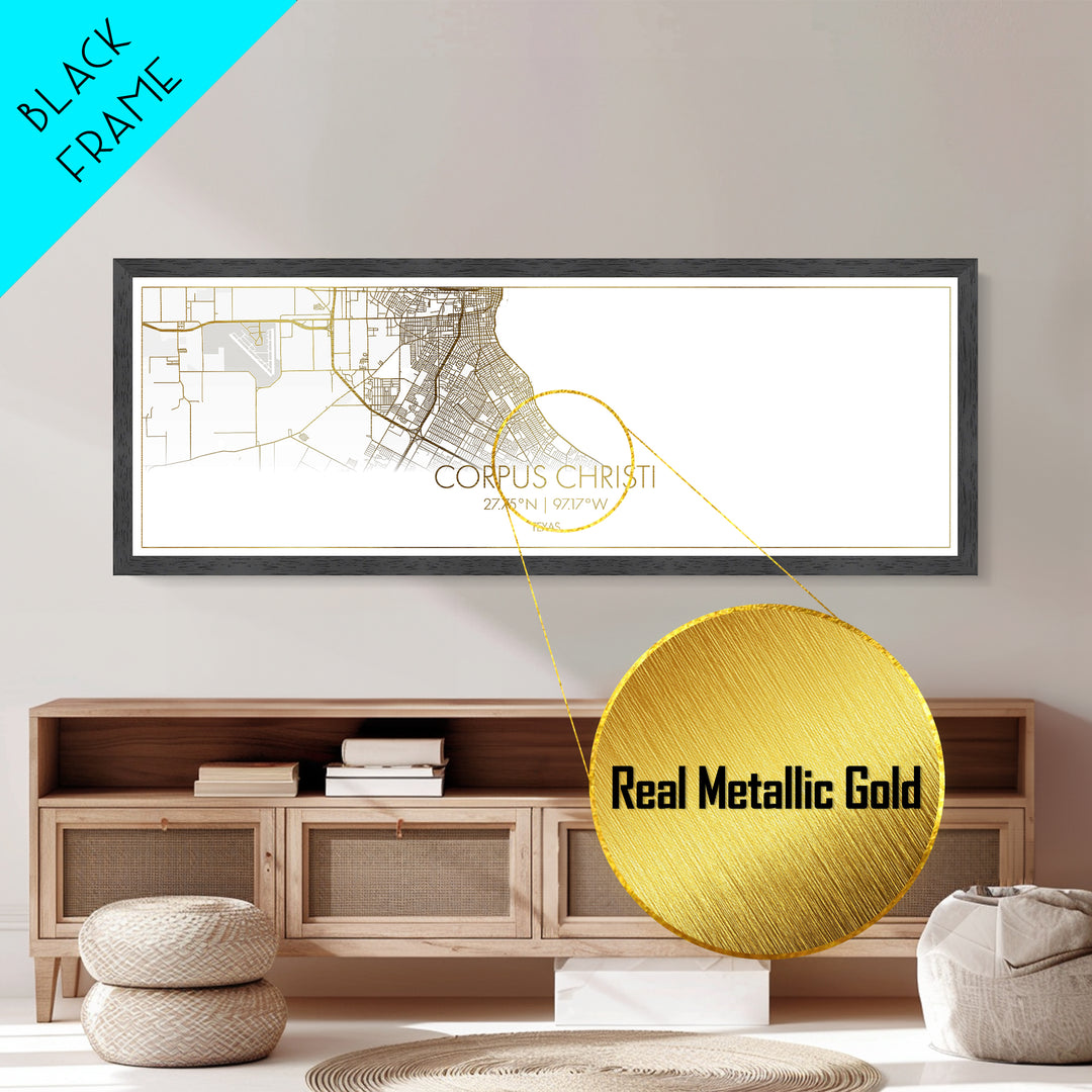 Corpus Christi Texas City street map, Panoramic art, black and gold, Metallic Gold Print, Metal Art, real wood frames, Best Friend Gifts