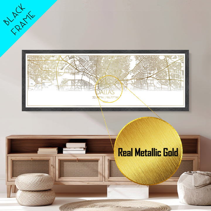 Dallas Texas City Poster, Panoramic street map, black and gold, Metallic Gold Art, Metal Art, wood framed map, City Map Print Poster