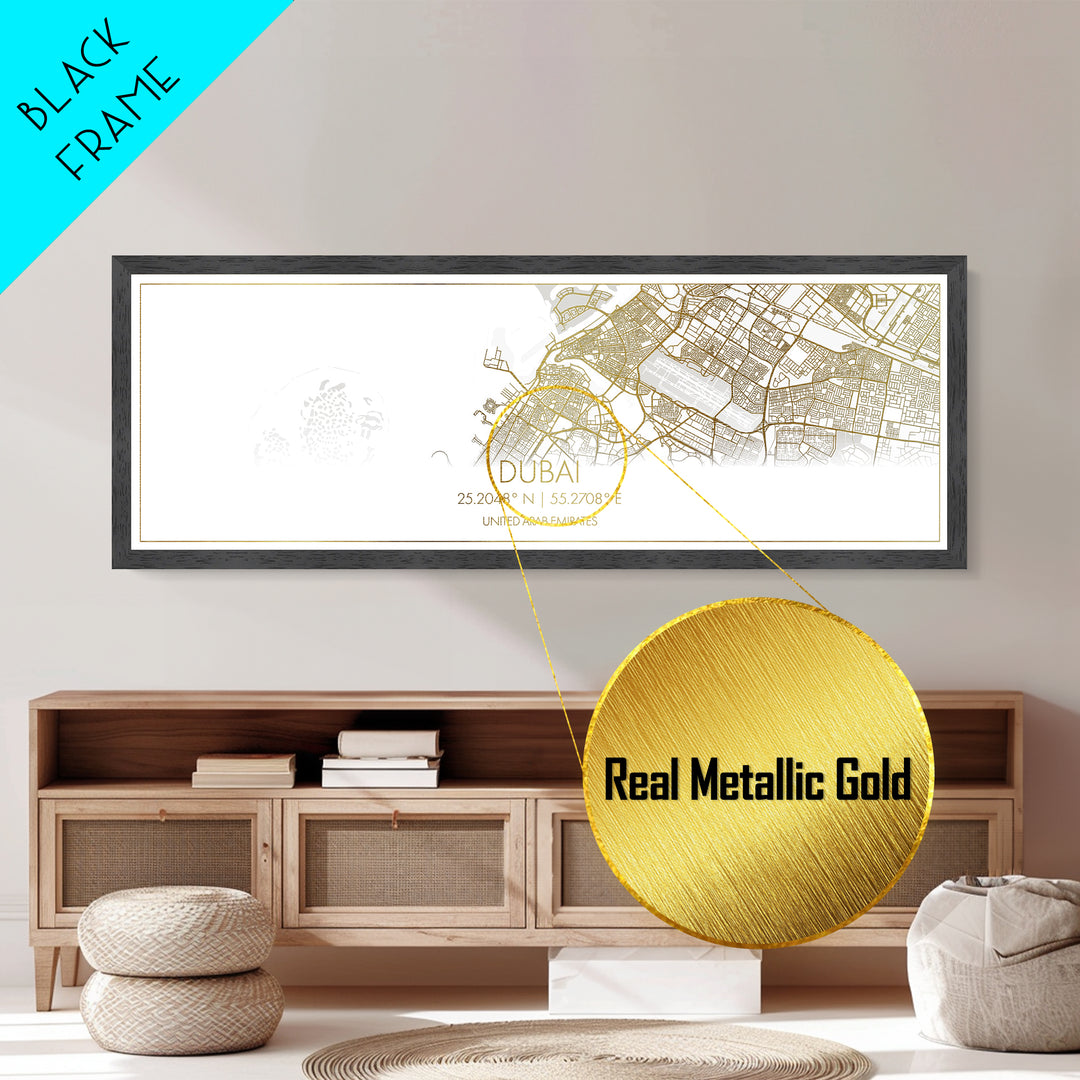 Dubai United Arab Emirates City Poster, Panoramic street map, black and gold, Metallic Gold Art, Metal Art, wood framed map, Modern Wall Art