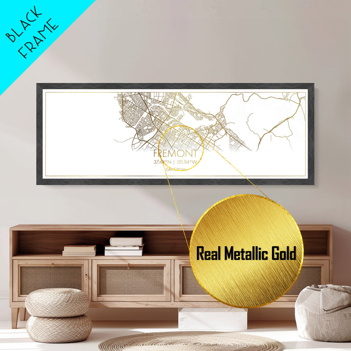 Fremont California City Poster, Panoramic street map, black and gold, Metallic Gold Art, Metal Art, wood framed map, Modern House Art