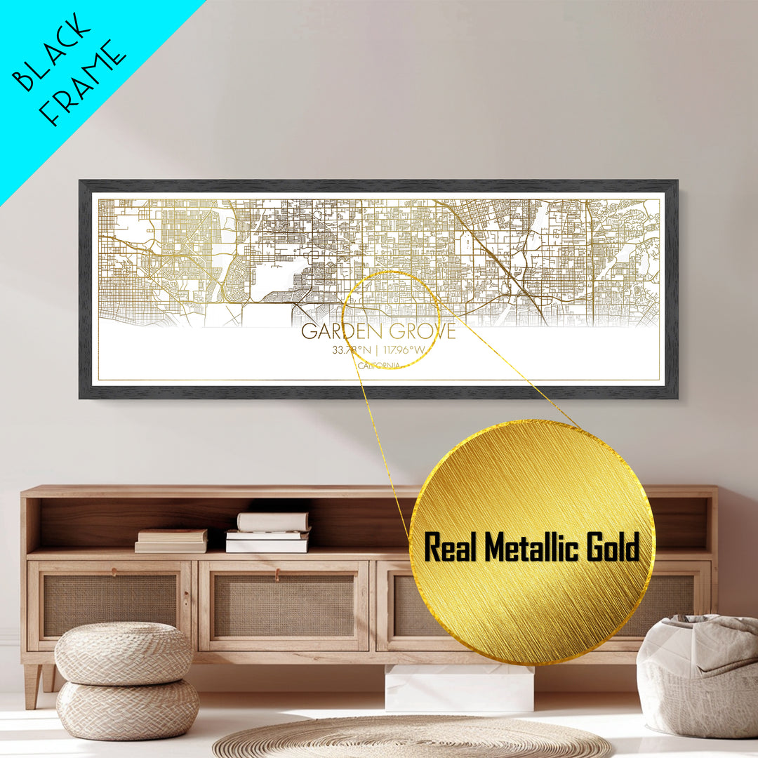 Garden Grove California City street map, Panoramic art, black and gold, Metallic Gold Print, Metal Art, real wood frames, Modern Wall Art