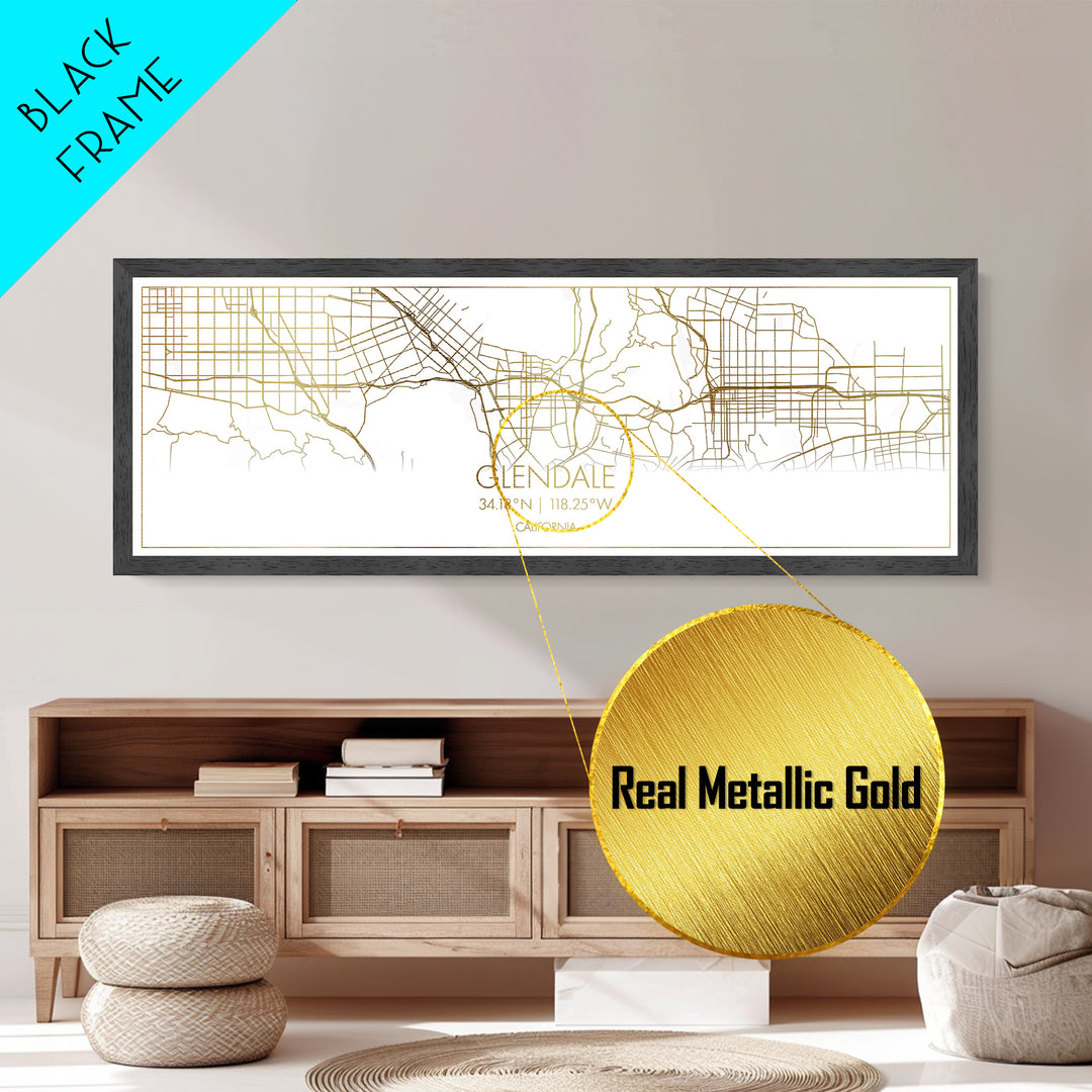 Glendale California City street map, Panoramic art, black and gold, Metallic Gold Print, Metal Art, real wood frames, Minimalist Wall Art