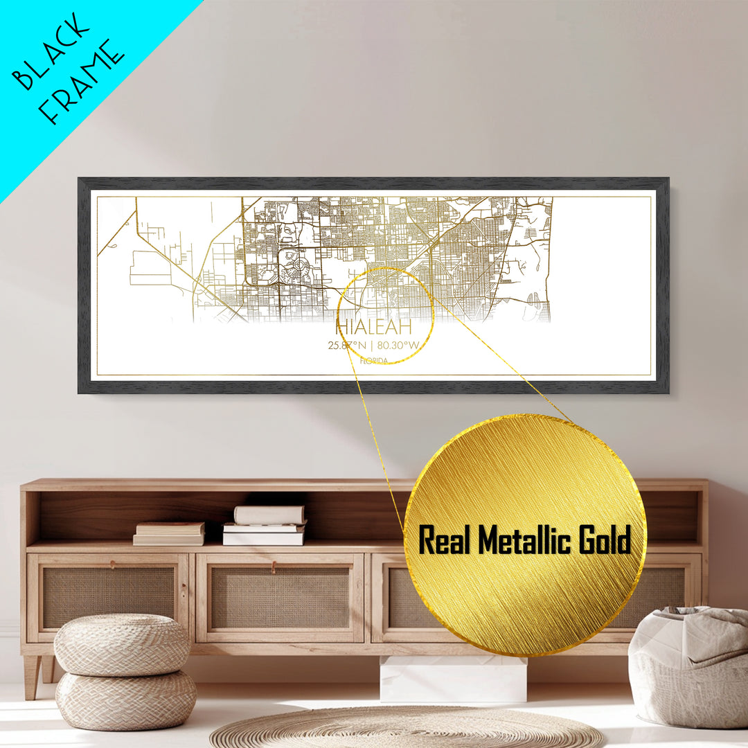 Hialeah Florida City street map, Panoramic art, black and gold, Metallic Gold Print, Metal Art, real wood frames, Modern House Art