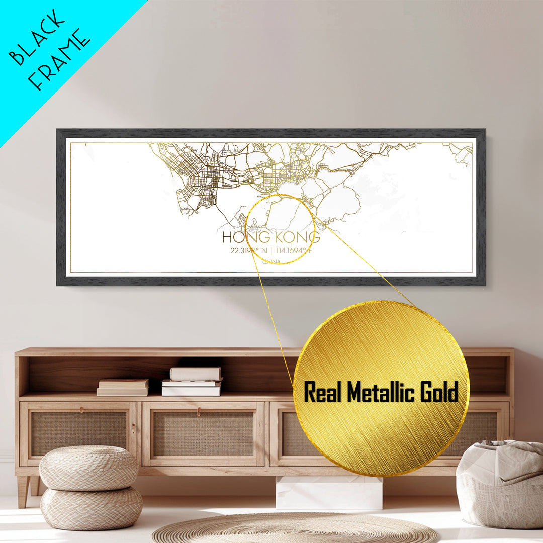 Hong Kong China City Poster, Panoramic street map, black and gold, Metallic Gold Art, Metal Art, wood framed map, Minimalist Wall Art