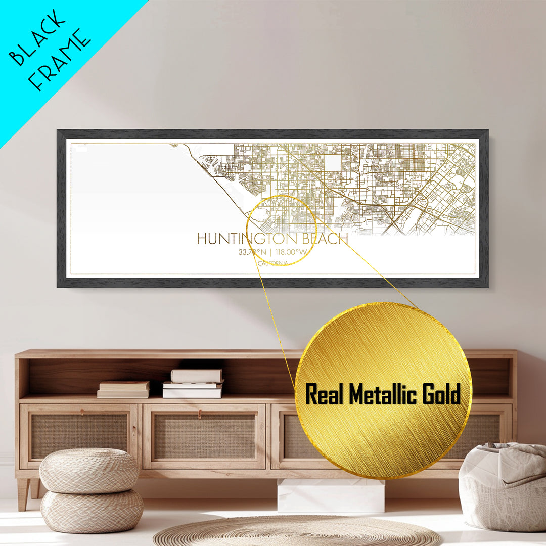 Huntington Beach California street map, Panoramic art, black and gold, Metallic Gold Print, Metal Art, real wood frames, Modern Wall Art