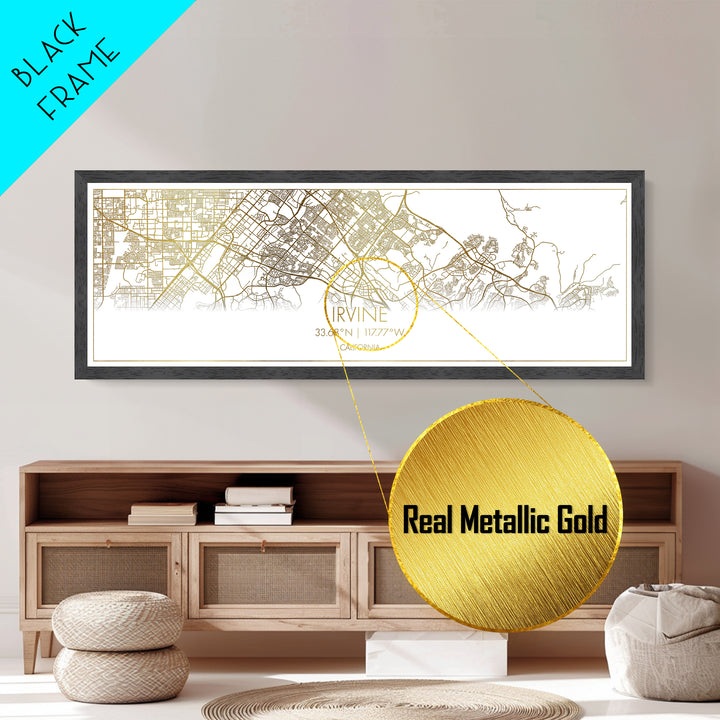 Irvine California Poster, Panoramic street map, black and gold, Metallic Gold Art, Metal Art, wood framed map, Wall Art, Housewarming Gift