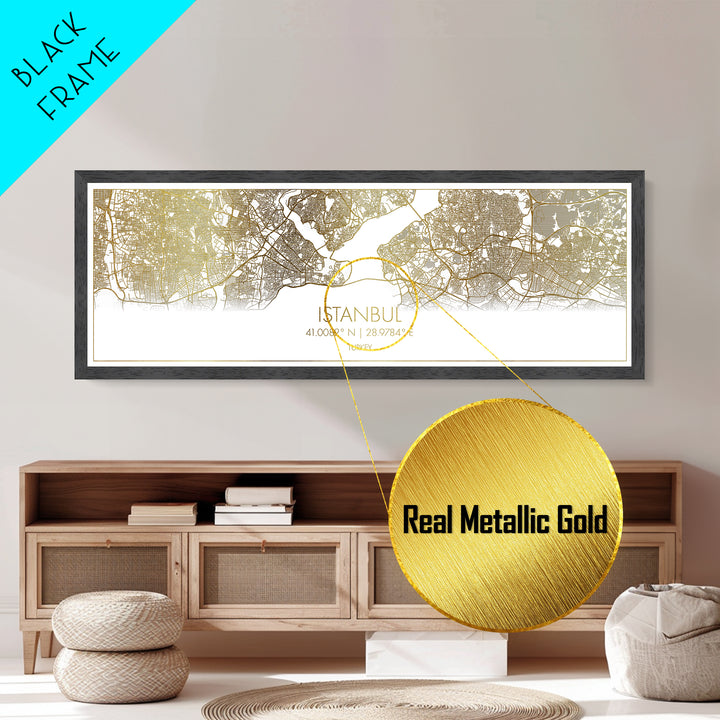 Istanbul Turkey map, Panoramic art, black and gold, Metallic Gold Print, Metal Art, real wood frames, Street Map Art, Best Friend Gifts