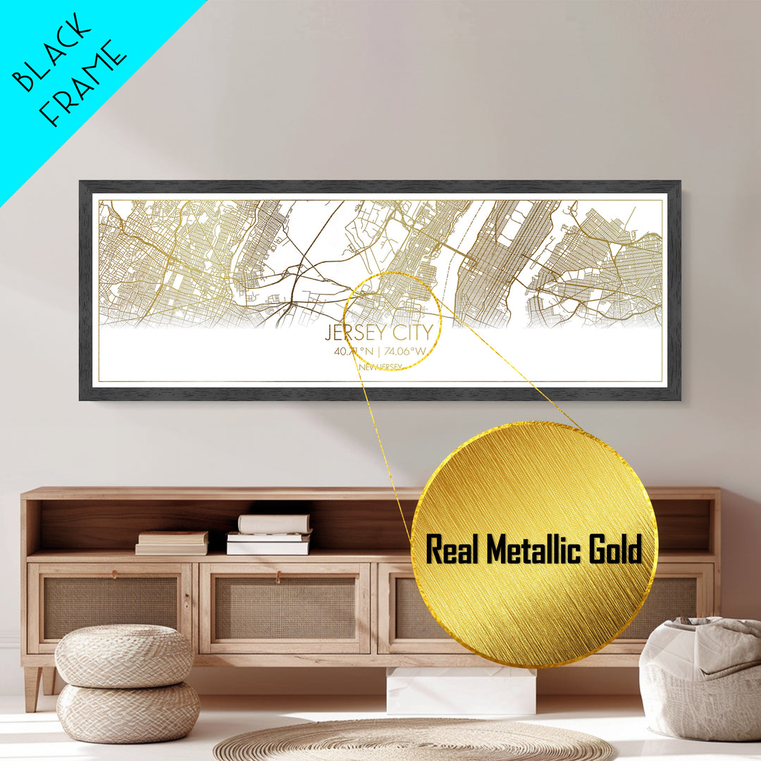 Jersey City New Jersey City street map, Panoramic art, black and gold, Metallic Gold Print, Metal Art, real wood frames, Minimalist Wall Art