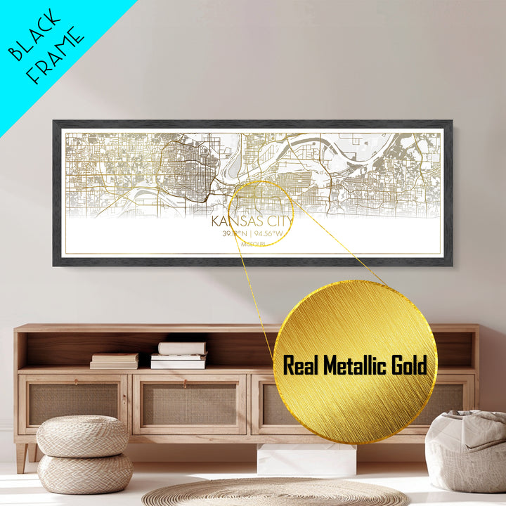 Kansas City Missouri City Poster, Panoramic street map, black and gold, Metallic Gold Art, Metal Art, wood framed map, Housewarming Gift