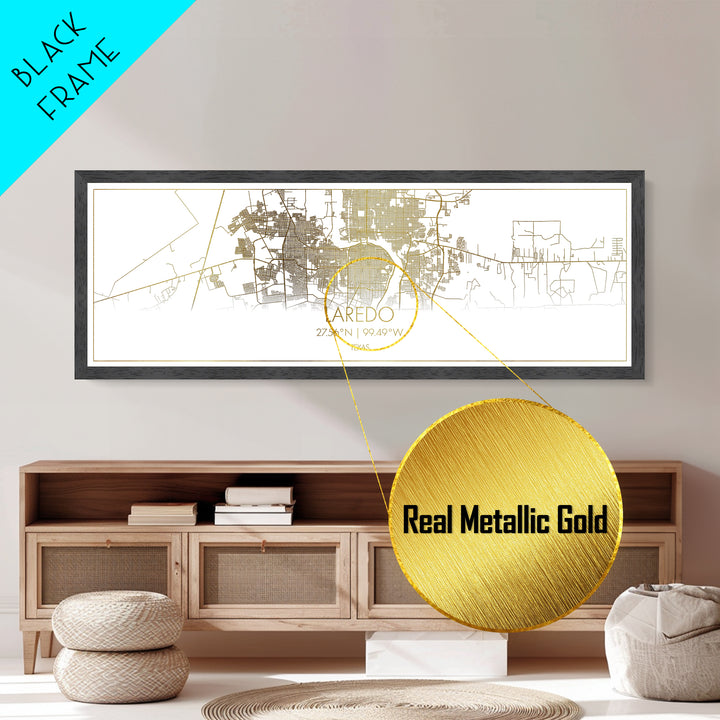 Laredo Texas City street map, Panoramic art, black and gold, Metallic Gold Print, Metal Art, real wood frames, Housewarming Gift