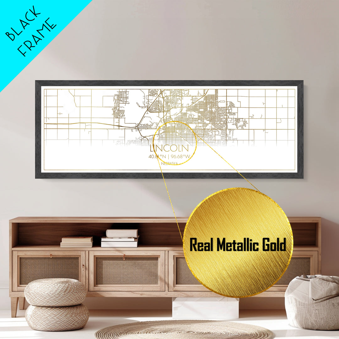 Lincoln Nebraska City Poster, Panoramic street map, black and gold, Metallic Gold Art, Metal Art, wood framed map, College Dorm Décor
