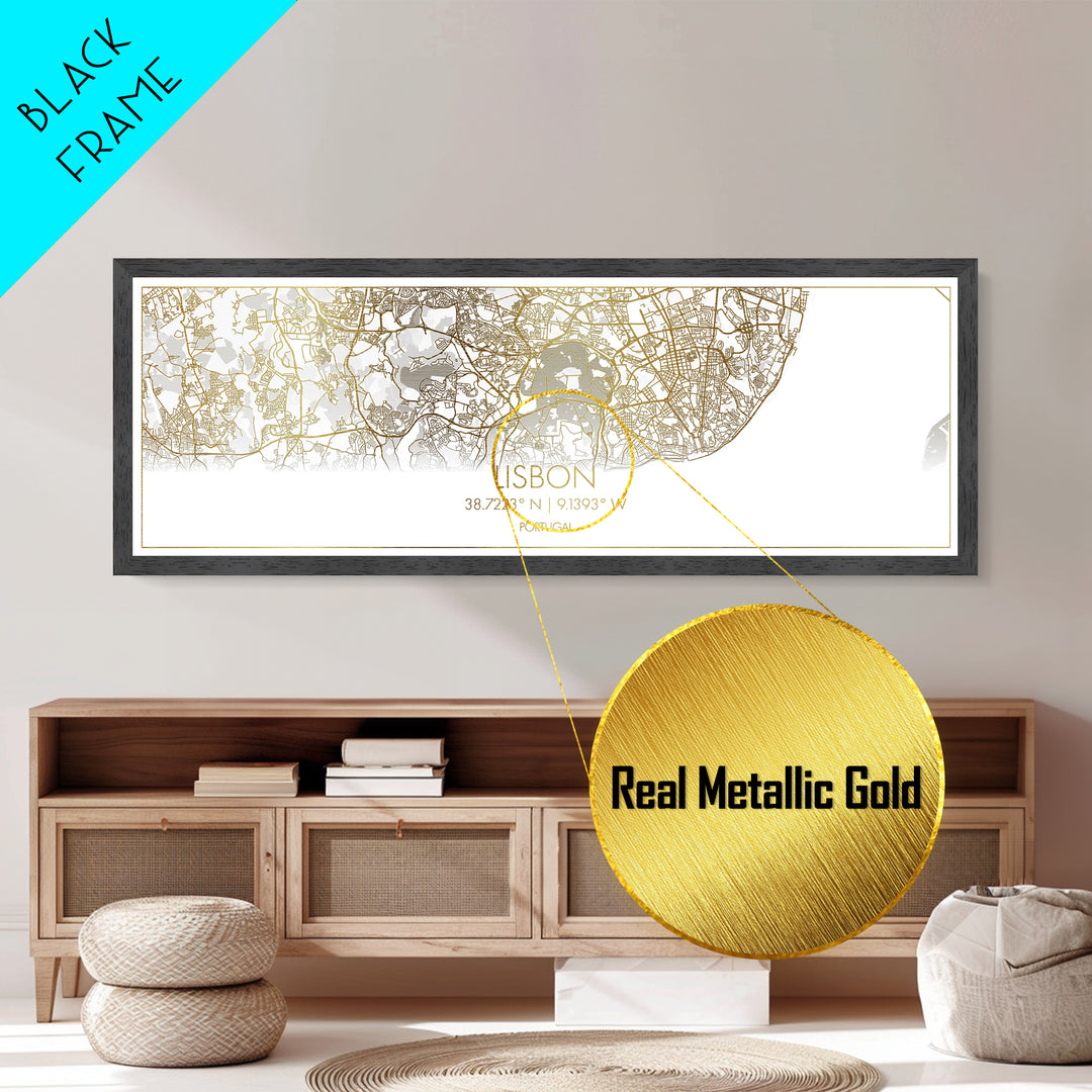 Lisbon Portugal map, Panoramic art, black and gold, Metallic Gold Print, Metal Art, real wood frames, Modern Wall Art, Housewarming Gift