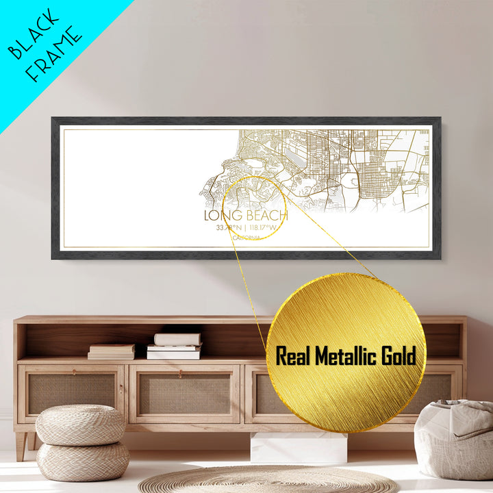Long Beach California City Poster, Panoramic street map, black and gold, Metallic Gold Art, Metal Art, wood framed map, Housewarming Gift