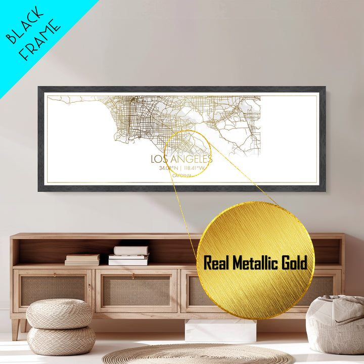 Los Angeles California map, Panoramic art, black and gold, Metallic Gold Print, Metal Art, real wood frames, Modern House Art, Street Map