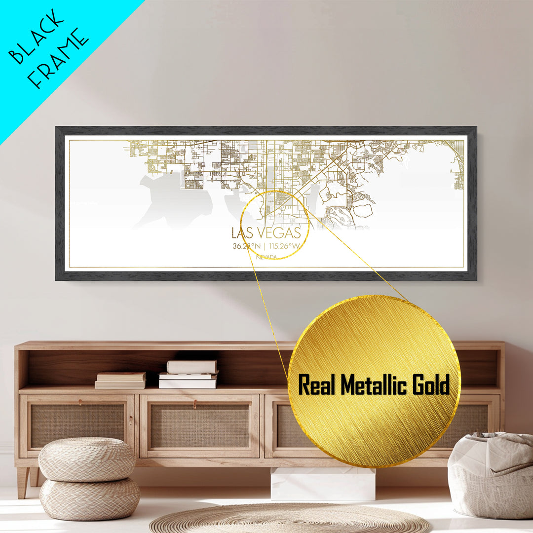 Las Vegas Nevada City street map, Panoramic art, black and gold, Metallic Gold Print, Metal Art, real wood frames, Street Map Art