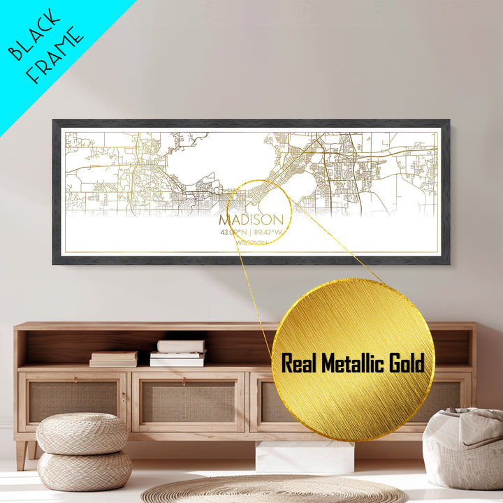 Madison Wisconsin City street map, Panoramic art, black and gold, Metallic Gold Print, Metal Art, real wood frames, Wall Art, Minimalist Art