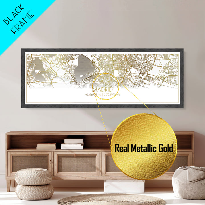 Madrid Spain City Poster, Panoramic street map, black and gold, Metallic Gold Art, Metal Art, wood framed map, College Dorm Décor