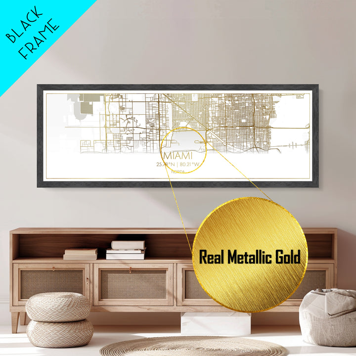 Miami Florida City street map, Panoramic art, black and gold, Metallic Gold Print, Metal Art, real wood frames, Office Decor, Wall Art