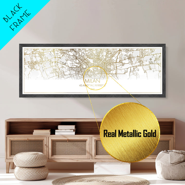 Milan Italy City Poster, Panoramic street map, black and gold, Metallic Gold Art, Metal Art, wood framed map, Modern Wall Art