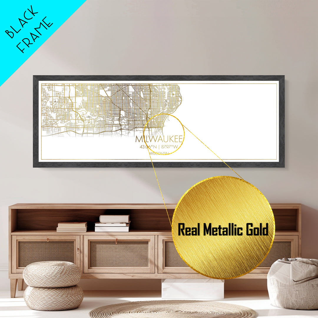 Milwaukee Wisconsin City street map, Panoramic art, black and gold, Metallic Gold Print, Metal Art, real wood frames, Minimalist Wall Art