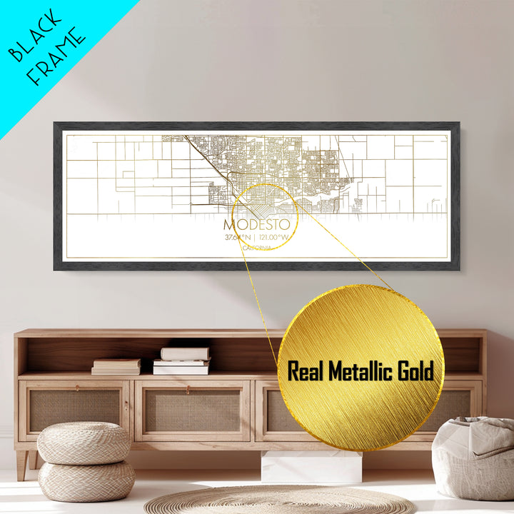 Modesto California City Poster, Panoramic street map, black and gold, Metallic Gold Art, Metal Art, wood framed map, Modern House Art