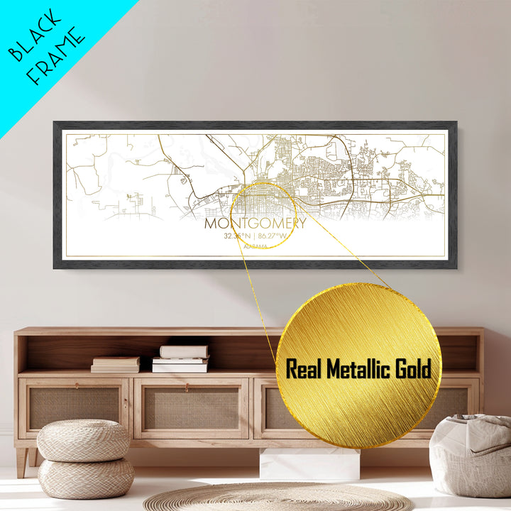 Montgomery Alabama City street map, Panoramic art, black and gold, Metallic Gold Print, Metal Art, real wood frames,  City Map Print Poster