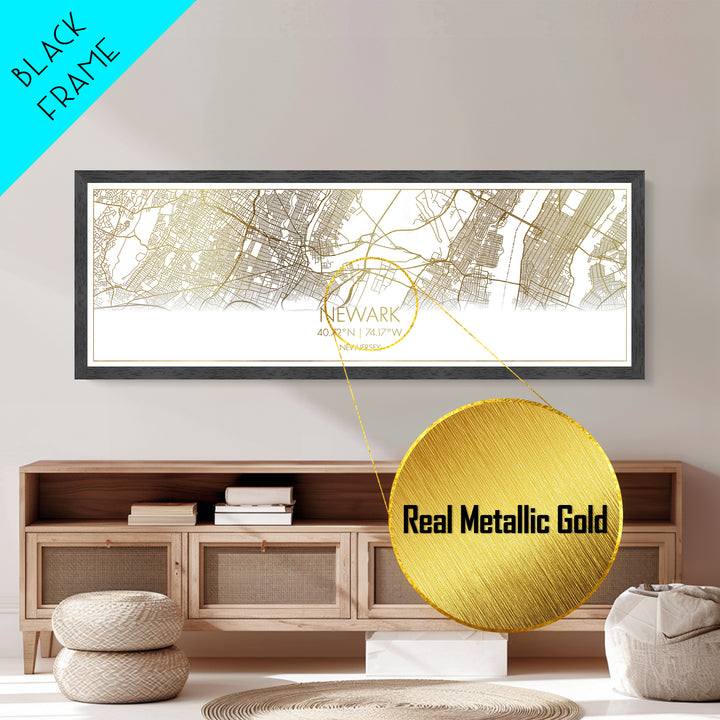 Newark New Jersey City Poster, Panoramic street map, black and gold, Metallic Gold Art, Metal Art, wood framed map, Wall Art, Closing Gift