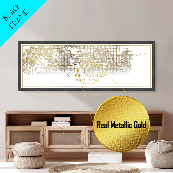 North Las Vegas Nevada City street map, Panoramic art, black and gold, Metallic Gold Print, Metal Art, real wood frames, Best Friend Gifts