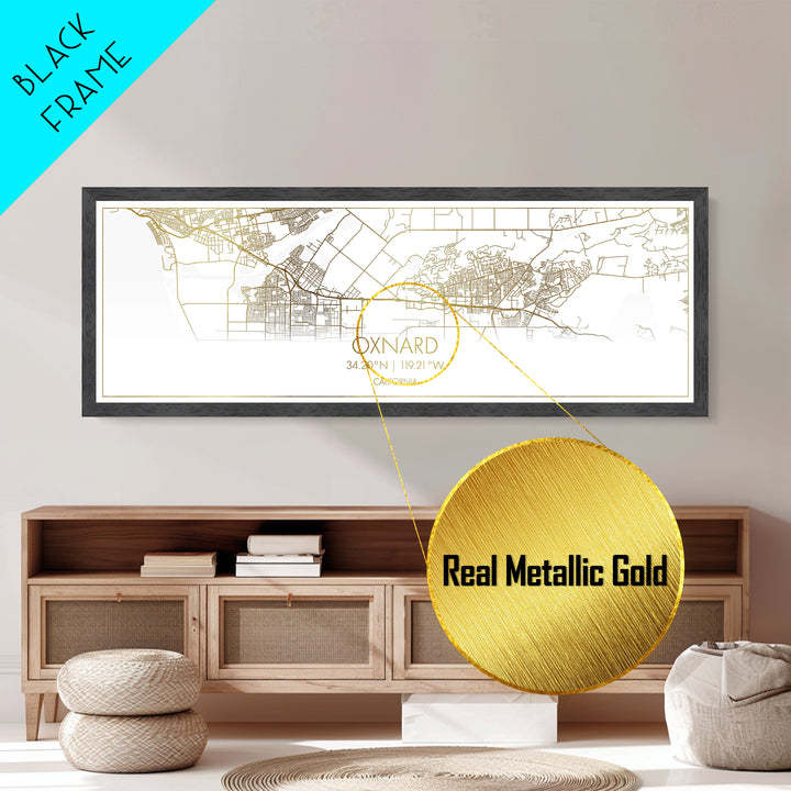 Oxnard California City Poster, Panoramic street map, black and gold, Metallic Gold Art, Metal Art, wood framed map, Housewarming Gift