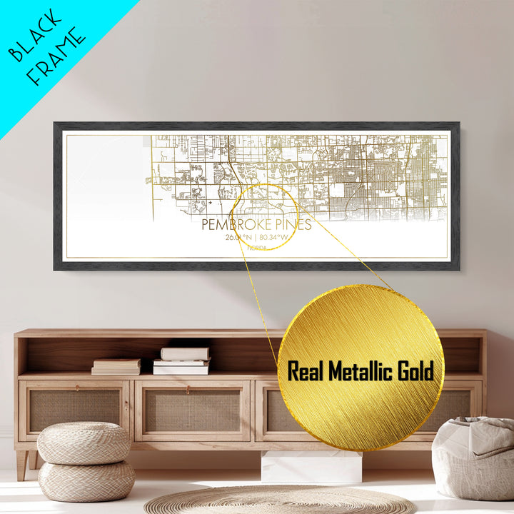 Pembroke Pines Florida City Poster, Panoramic street map, black and gold, Metallic Gold Art, Metal Art, wood framed map, Best Friend Gifts
