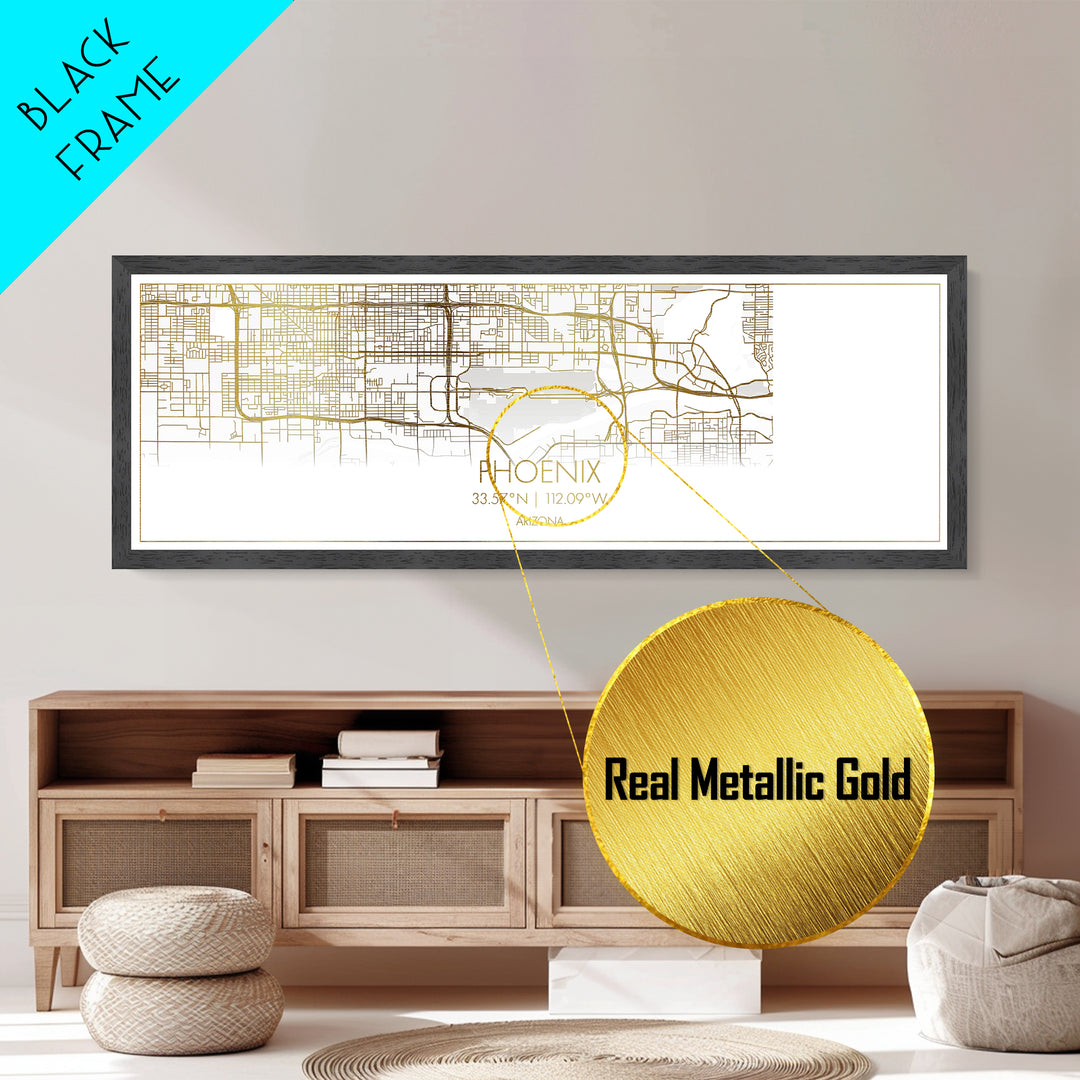 Phoenix Arizona City street map, Panoramic art, black and gold, Metallic Gold Print, Metal Art, real wood frames, Housewarming Gift