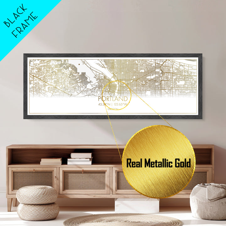 Portland Oregon City Poster, Panoramic street map, black and gold, Metallic Gold Art, Metal Art, wood framed map, Minimalist Wall Art