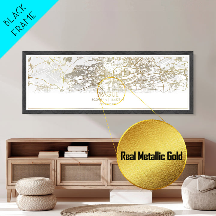 Prague Czech Republic City Poster, Panoramic street map, black and gold, Metallic Gold Art, Metal Art, wood framed map, Street Map Art