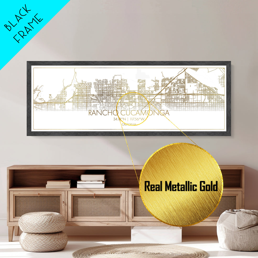 Rancho Cucamonga California street map, Panoramic art, black and gold, Metallic Gold Print, Metal Art, real wood frames, Housewarming Gift