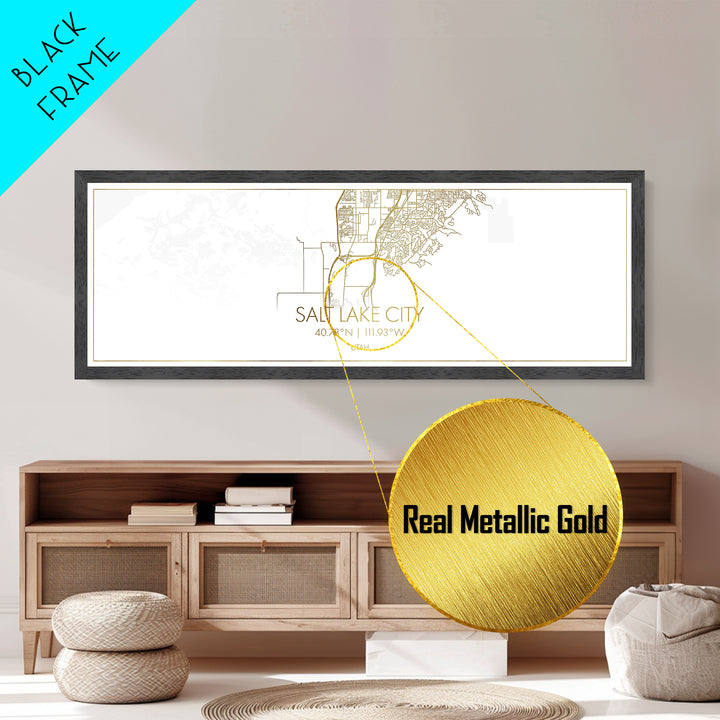 Salt Lake City Utah map, Panoramic art, black and gold, Metallic Gold Print, Metal Art, real wood frames, Modern Wall Art, Map Print Poster