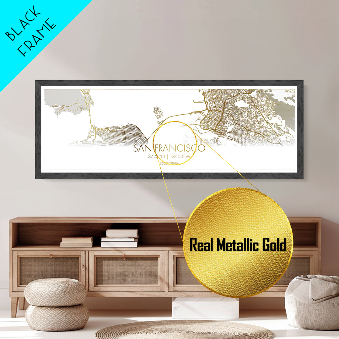 San Francisco California City street map, Panoramic art, black and gold, Metallic Gold Print, Metal Art, real wood frames, Housewarming Gift