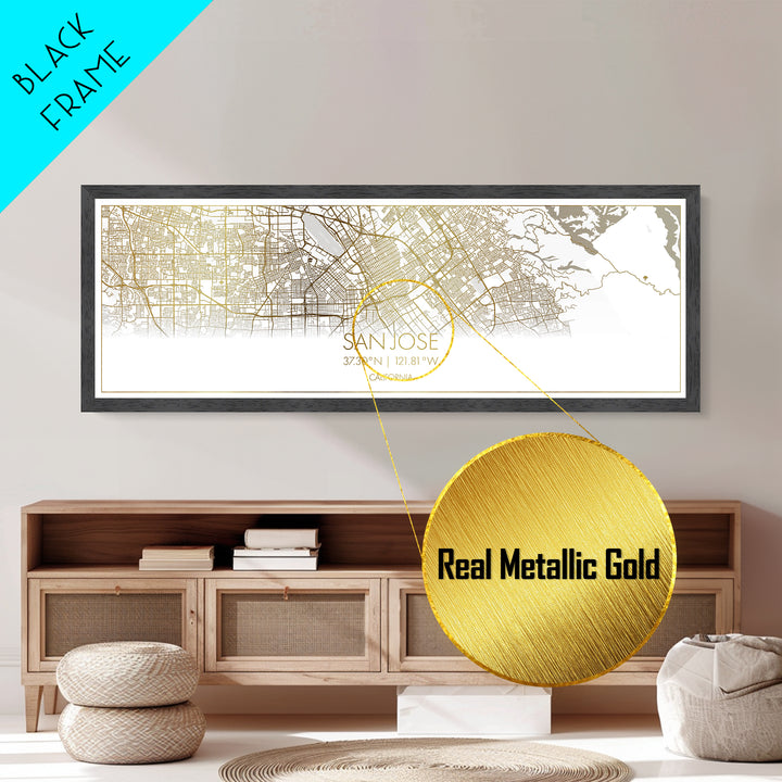 San Jose California City Poster, Panoramic street map, black and gold, Metallic Gold Art, Metal Art, wood framed map, Map Print Poster