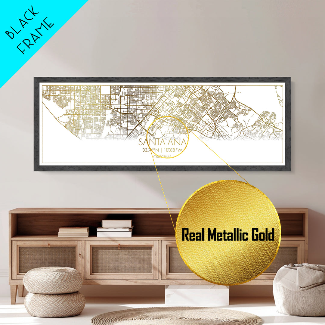 Santa Ana California City street map, Panoramic art, black and gold, Metallic Gold Print, Metal Art, real wood frames, Office Décor