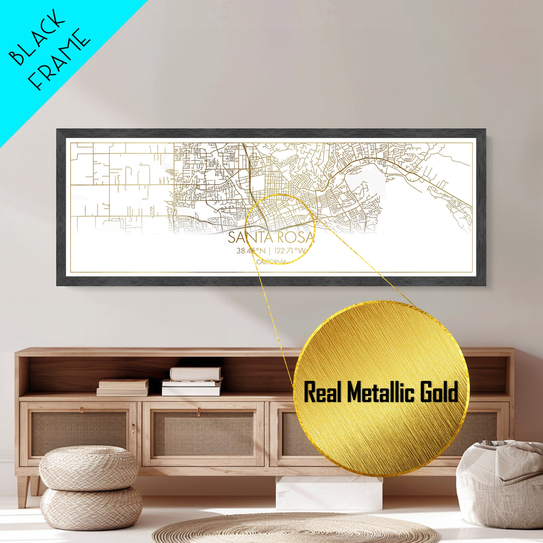 Santa Rosa California City street map, Panoramic art, black and gold, Metallic Gold Print, Metal Art, real wood frames, College Dorm Décor