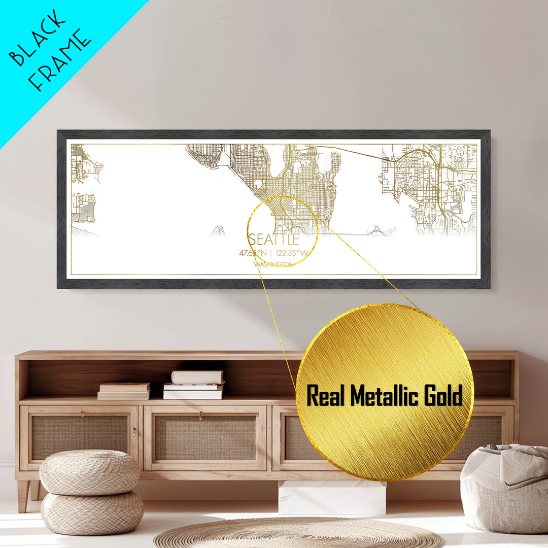 Seattle Washington City street map, Panoramic art, black and gold, Metallic Gold Print, Metal Art, real wood frames, Office Décor