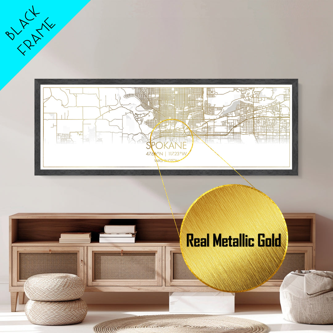 Spokane Washington City street map, Panoramic art, black and gold, Metallic Gold Print, Metal Art, real wood frames, Office Décor