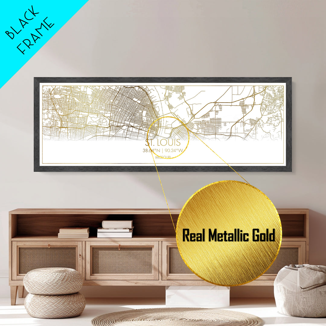 St. Louis Missouri map, Panoramic art, black and gold, Metallic Gold Print, Metal Art, real wood frames, Housewarming Gift, Map Print Poster