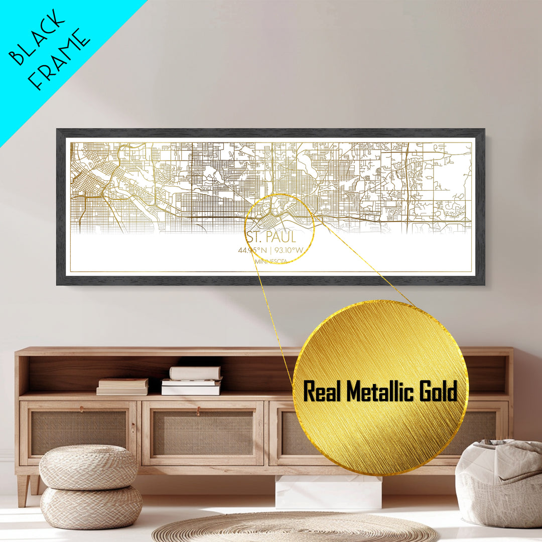 St. Paul Minnesota City Poster, Panoramic street map, black and gold, Metallic Gold Art, Metal Art, wood framed map, Office Decor, Wall Art