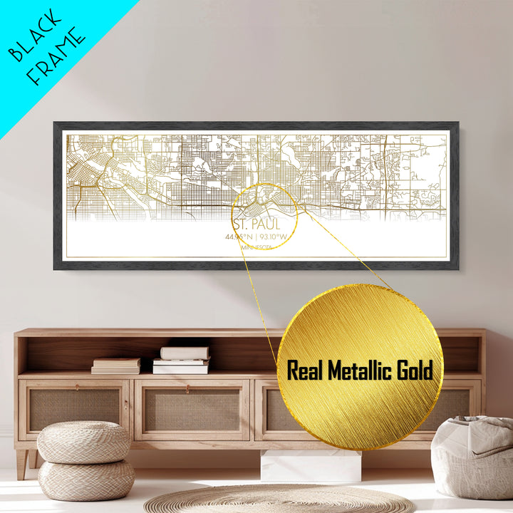 St. Paul Minnesota City Poster, Panoramic street map, black and gold, Metallic Gold Art, Metal Art, wood framed map, Office Decor, Wall Art