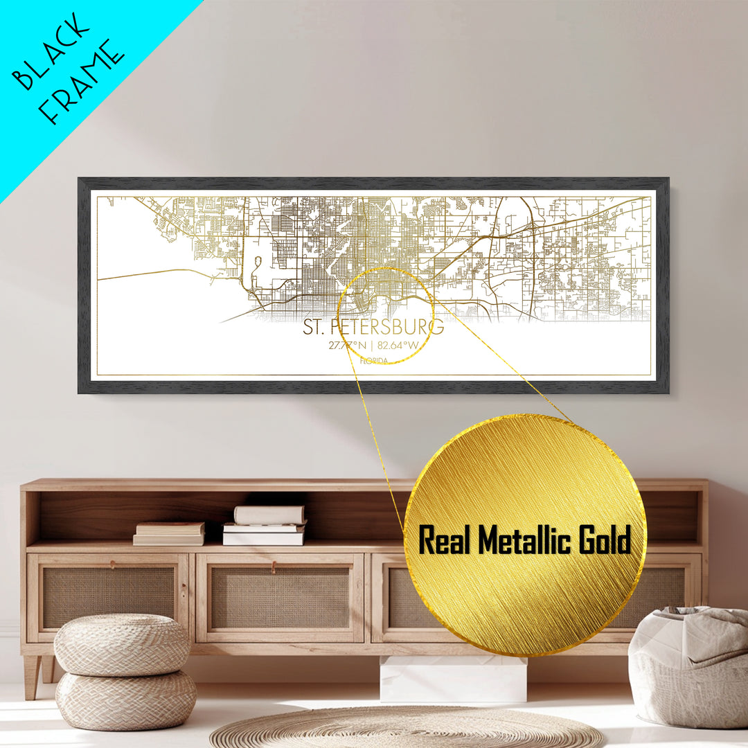 St. Petersburg Florida City street map, Panoramic art, black and gold, Metallic Gold Print, Metal Art, real wood frames, Map Print Poster