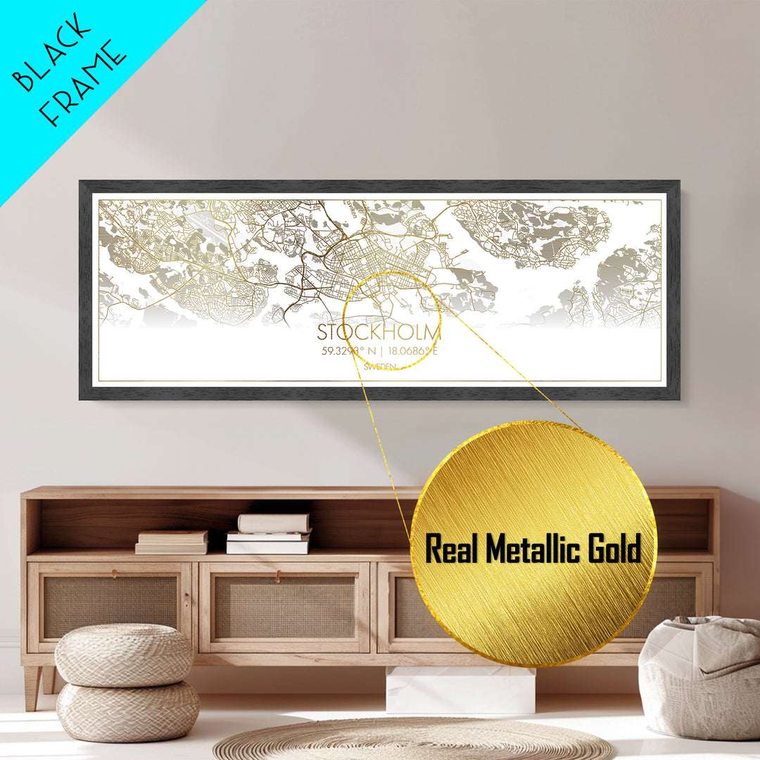 Stockholm Sweden City Poster, Panoramic street map, black and gold, Metallic Gold Art, Metal Art, wood framed map, Office Décor