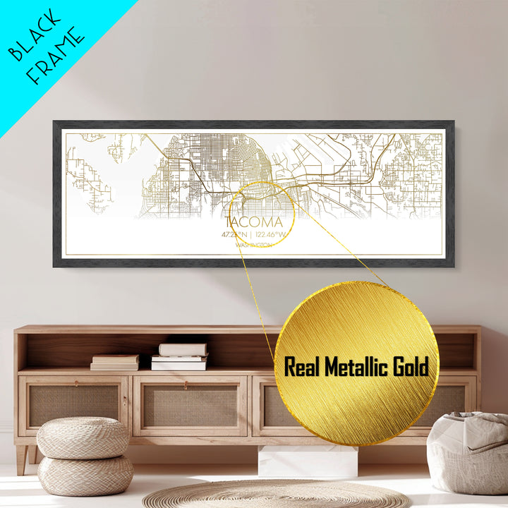 Tacoma Washington City street map, Panoramic art, black and gold, Metallic Gold Print, Metal Art, real wood frames, Map Print Poster